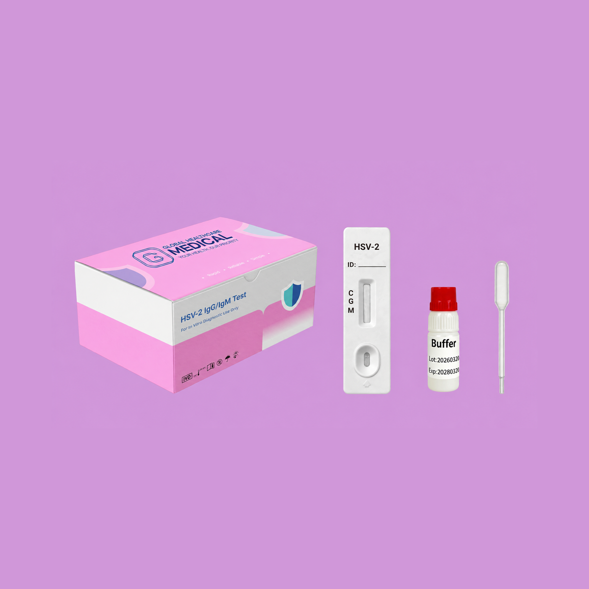 Global Healthcare Medical GHM HSV-2 IgG/IgM Rapid Test US - Colloidal gold immunochromatography kit for qualitative detection and differentiation of Herpes Simplex Virus Type 2 IgG and IgM antibodies in whole blood, serum, or plasma specimens with 10-minute results, 95.1% sensitivity for IgG and 98.2% specificity, CE marked and ISO 13485 certified for professional point-of-care use