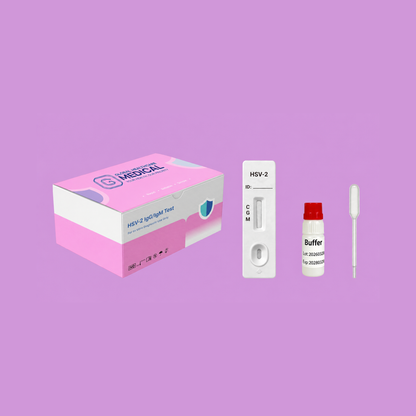 Global Healthcare Medical GHM HSV-2 IgG/IgM Rapid Test US - Colloidal gold immunochromatography kit for qualitative detection and differentiation of Herpes Simplex Virus Type 2 IgG and IgM antibodies in whole blood, serum, or plasma specimens with 10-minute results, 95.1% sensitivity for IgG and 98.2% specificity, CE marked and ISO 13485 certified for professional point-of-care use