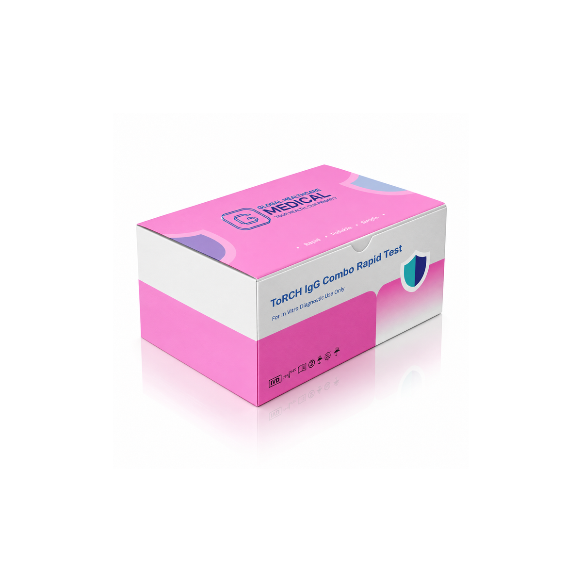 Global Healthcare Medical GHM ToRCH IgG Combo Rapid Test US - Colloidal gold immunochromatography kit for qualitative detection of IgG antibodies to Toxoplasma gondii, Rubella virus, Cytomegalovirus, and Herpes simplex virus 1/2 in whole blood, serum, or plasma specimens with 15-minute results, CE marked and ISO 13485 certified for professional point-of-care use