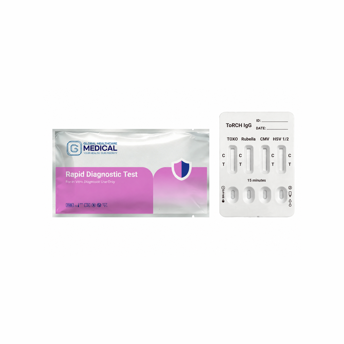 Global Healthcare Medical GHM ToRCH IgG Combo Rapid Test US - Colloidal gold immunochromatography kit for qualitative detection of IgG antibodies to Toxoplasma gondii, Rubella virus, Cytomegalovirus, and Herpes simplex virus 1/2 in whole blood, serum, or plasma specimens with 15-minute results, CE marked and ISO 13485 certified for professional point-of-care use