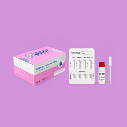 Global Healthcare Medical GHM ToRCH IgG Combo Rapid Test US - Colloidal gold immunochromatography kit for qualitative detection of IgG antibodies to Toxoplasma gondii, Rubella virus, Cytomegalovirus, and Herpes simplex virus 1/2 in whole blood, serum, or plasma specimens with 15-minute results, CE marked and ISO 13485 certified for professional point-of-care use