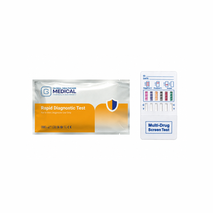 Global Healthcare Medical GHM Multi-Drugs Rapid Test Panel US - Colloidal gold lateral flow chromatographic immunoassay for qualitative detection of multiple drugs of abuse and their metabolites in human urine with 5-minute results, customizable panel configurations, CE marked and ISO 13485 certified for professional point-of-care use