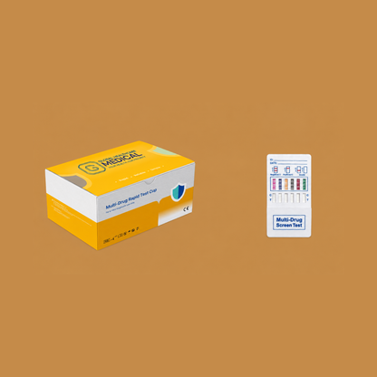 Global Healthcare Medical GHM Multi-Drugs Rapid Test Panel US - Colloidal gold lateral flow chromatographic immunoassay for qualitative detection of multiple drugs of abuse and their metabolites in human urine with 5-minute results, customizable panel configurations, CE marked and ISO 13485 certified for professional point-of-care use