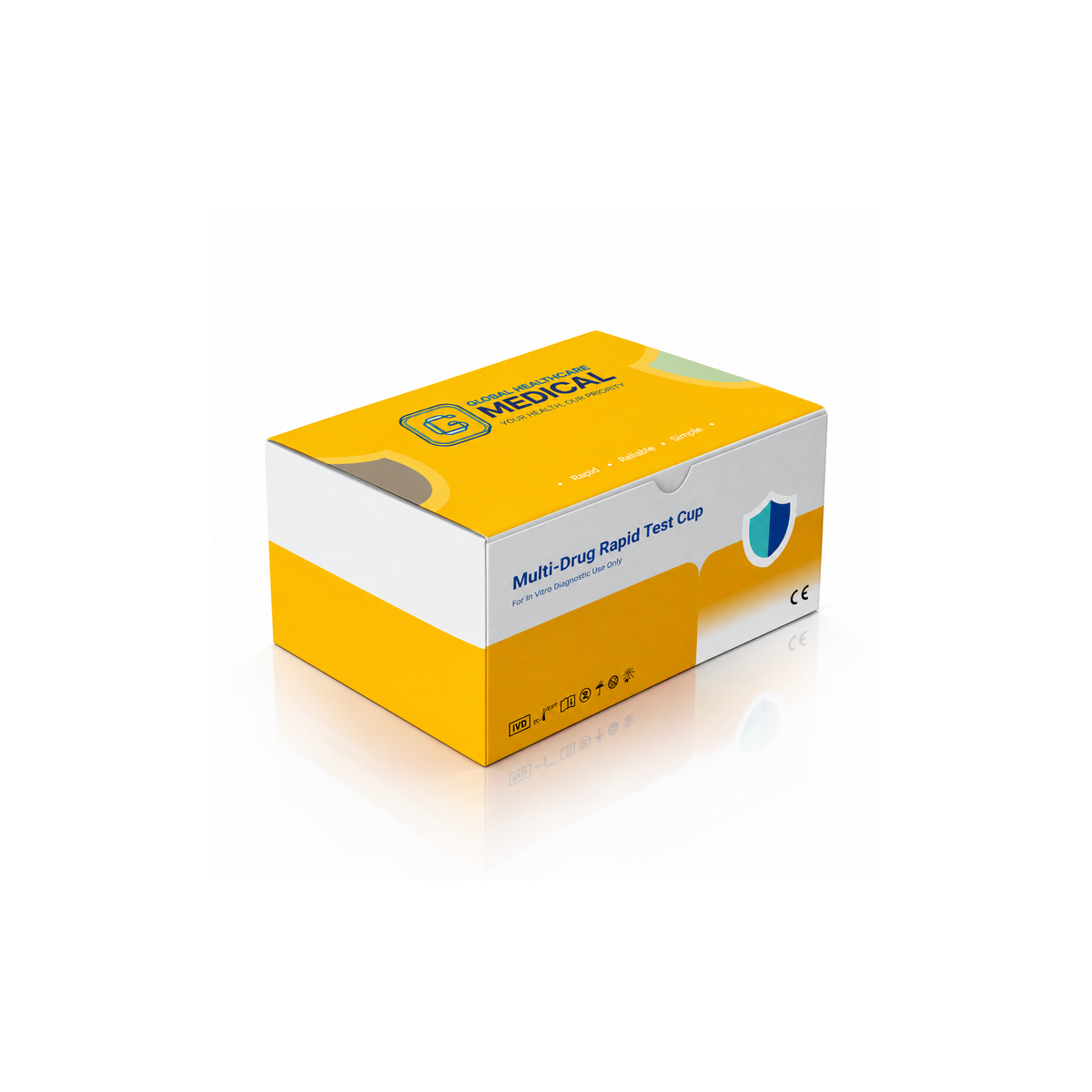 Global Healthcare Medical GHM Multi-Drugs Rapid Test Cup US - Colloidal gold lateral flow chromatographic immunoassay integrated cup for qualitative simultaneous detection of 12 drugs of abuse and 6 adulterants in human urine with 5-minute results, customizable 2–14 panel configurations, CE marked and ISO 13485 certified for professional point-of-care use