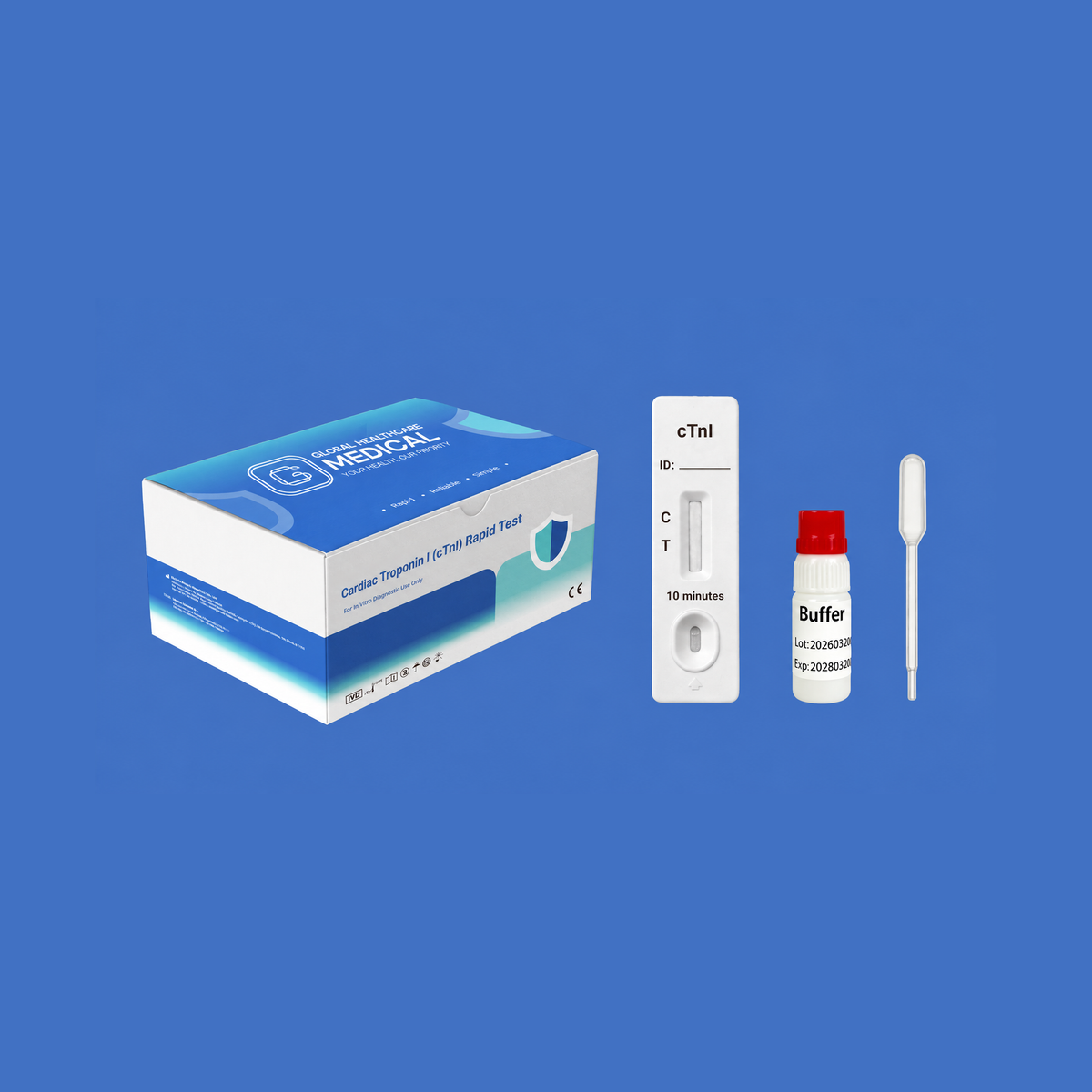 Global Healthcare Medical GHM Cardiac Troponin I (cTnI) Rapid Test US - Colloidal gold immunochromatography kit for qualitative detection of cardiac Troponin I in whole blood, serum, or plasma specimens with 10-minute results, 99.4% sensitivity and 99.0% specificity, CE marked and ISO 13485 certified for professional point-of-care use