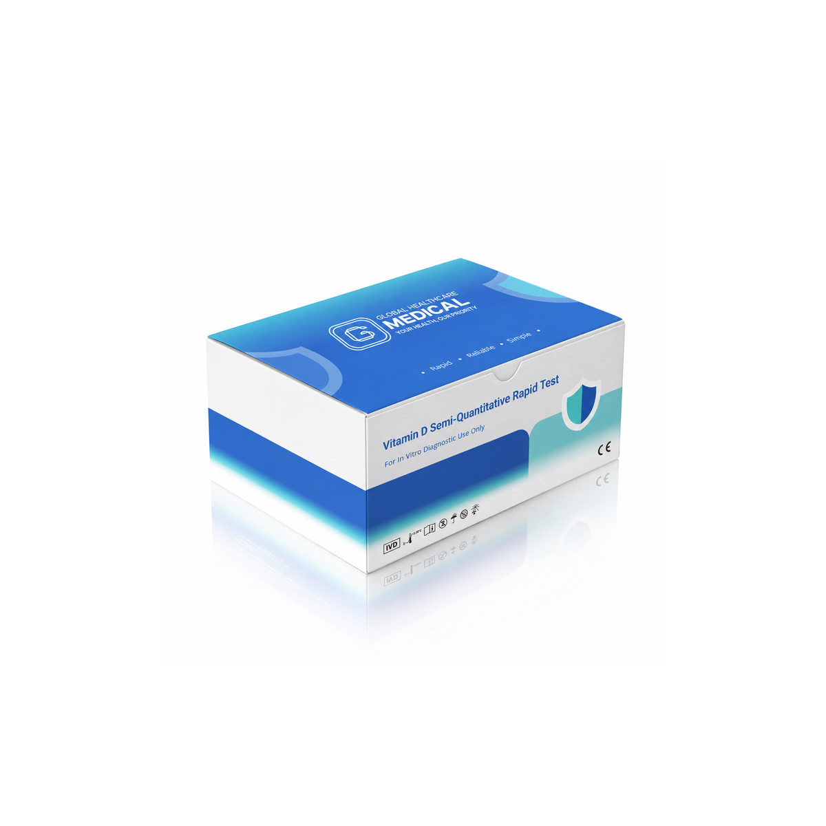Global Healthcare Medical GHM Vitamin D Semi-Quantitative Rapid Test US - Colloidal gold immunochromatography kit for semi-quantitative detection of 25-hydroxyvitamin D in fingerstick whole blood, serum, or plasma specimens with 10-minute results, 94.6% sensitivity and 93.3% specificity, CE marked and ISO 13485 certified for professional point-of-care use