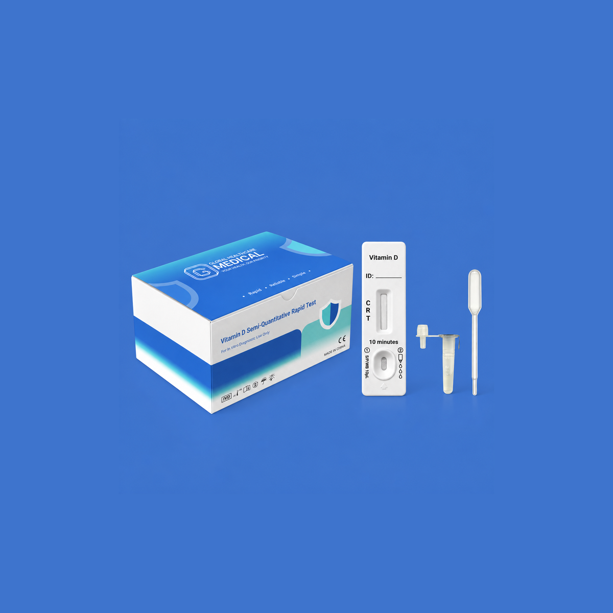 Global Healthcare Medical GHM Vitamin D Semi-Quantitative Rapid Test US - Colloidal gold immunochromatography kit for semi-quantitative detection of 25-hydroxyvitamin D in fingerstick whole blood, serum, or plasma specimens with 10-minute results, 94.6% sensitivity and 93.3% specificity, CE marked and ISO 13485 certified for professional point-of-care use