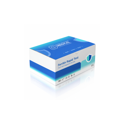 Global Healthcare Medical GHM Ferritin Semi-Quantitative Rapid Test US - Colloidal gold immunochromatography kit for semi-quantitative detection of human ferritin in whole blood, serum, or plasma specimens with 5-minute results, 94.7% sensitivity and 95.2% specificity, CE marked and ISO 13485 certified for professional point-of-care use