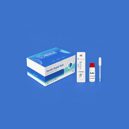Global Healthcare Medical GHM Ferritin Semi-Quantitative Rapid Test US - Colloidal gold immunochromatography kit for semi-quantitative detection of human ferritin in whole blood, serum, or plasma specimens with 5-minute results, 94.7% sensitivity and 95.2% specificity, CE marked and ISO 13485 certified for professional point-of-care use