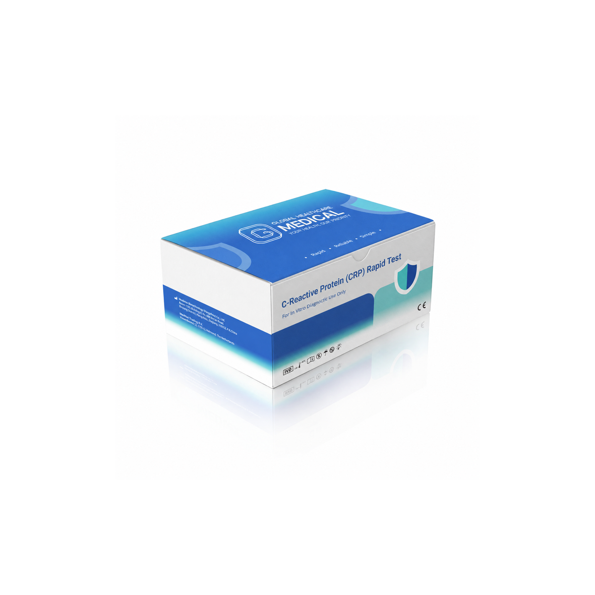 Global Healthcare Medical GHM C-Reactive Protein (CRP) Semi-Quantitative Rapid Test US - Colloidal gold immunochromatography kit for semi-quantitative detection of C-Reactive Protein in whole blood, serum, or plasma specimens with 10-minute results, 87–98% sensitivity and 91–98% specificity, CE marked and ISO 13485 certified for professional point-of-care use