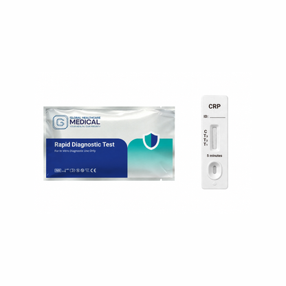 Global Healthcare Medical GHM C-Reactive Protein (CRP) Semi-Quantitative Rapid Test US - Colloidal gold immunochromatography kit for semi-quantitative detection of C-Reactive Protein in whole blood, serum, or plasma specimens with 10-minute results, 87–98% sensitivity and 91–98% specificity, CE marked and ISO 13485 certified for professional point-of-care use