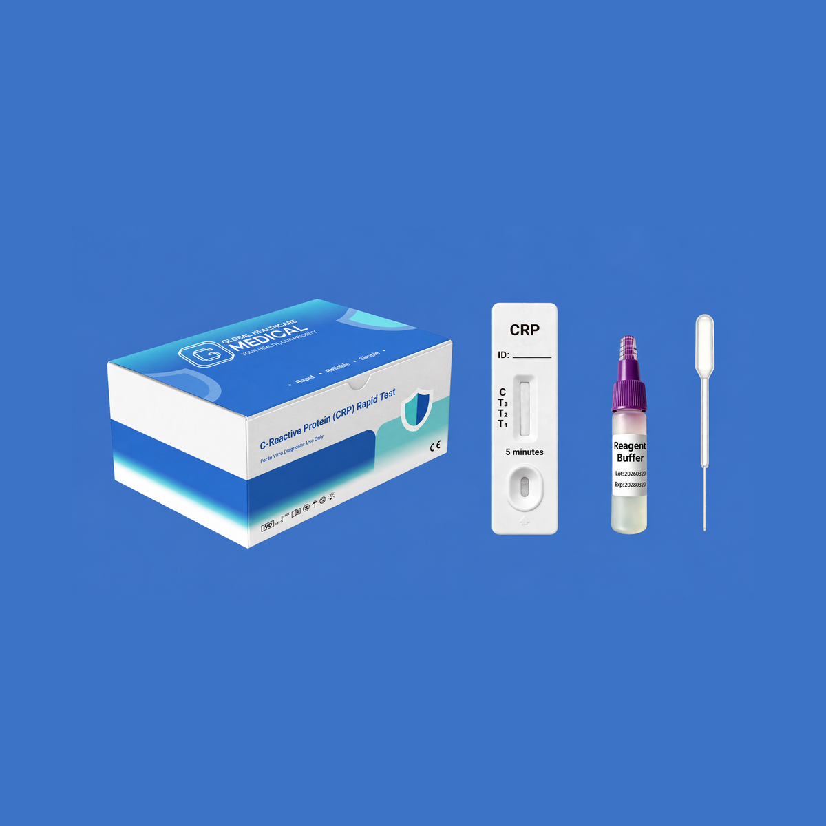 Global Healthcare Medical GHM C-Reactive Protein (CRP) Semi-Quantitative Rapid Test US - Colloidal gold immunochromatography kit for semi-quantitative detection of C-Reactive Protein in whole blood, serum, or plasma specimens with 10-minute results, 87–98% sensitivity and 91–98% specificity, CE marked and ISO 13485 certified for professional point-of-care use